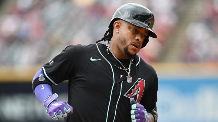 Aug 7, 2024; Cleveland, Ohio, USA; Arizona Diamondbacks second baseman Ketel Marte (4) rounds the bases after hitting a home run during the ninth inning against the Cleveland Guardians at Progressive Field.