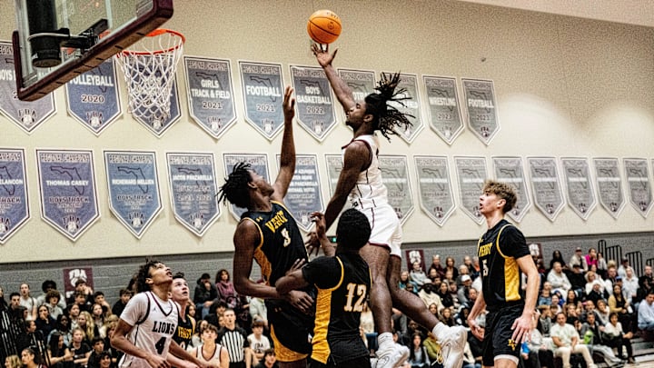Jayden Petit of the First Baptist Academy boys basketball team drives to the basket against Bishop Verot during the Private 8 Championship at FBA on Friday, Jan. 24, 2025. FBA won.