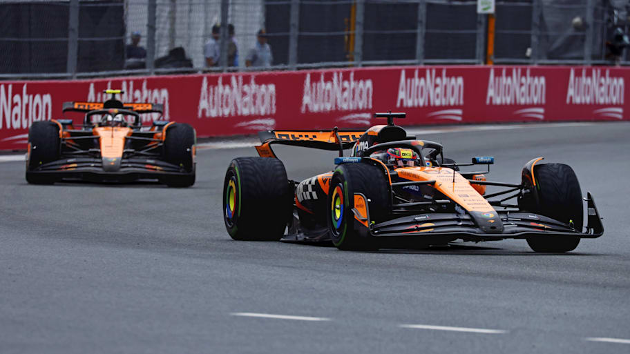 McLaren drivers Oscar Piastri and Lando Norris during the F1 Miami Grand Prix Sprint Race. | Peter Casey-Imagn Images
