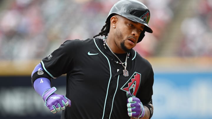 Aug 7, 2024; Cleveland, Ohio, USA; Arizona Diamondbacks second baseman Ketel Marte (4) rounds the bases after hitting a home run during the ninth inning against the Cleveland Guardians at Progressive Field. Mandatory Credit: Ken Blaze-USA TODAY Sports