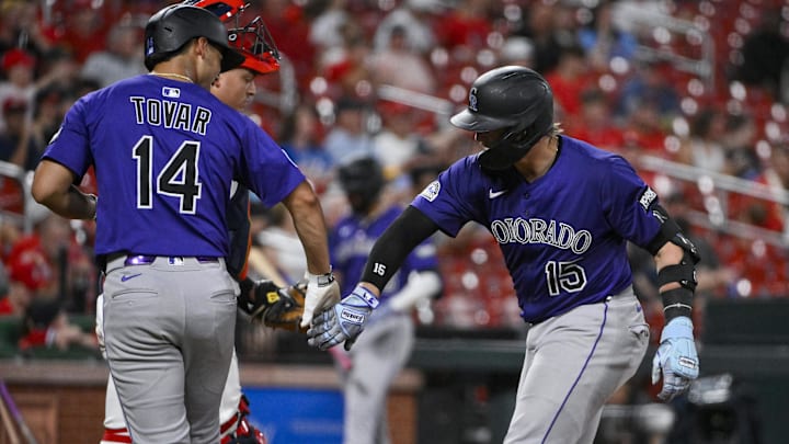 Aug 12, 2025; St. Louis, Missouri, USA; Colorado Rockies catcher Hunter Goodman (15) celebrates with shortstop Ezequiel Tovar (14) after hitting a two run home run against the St. Louis Cardinals during the fourth inning at Busch Stadium. Aug 12, 2025; St. Louis, Missouri, USA; Colorado Rockies catcher Hunter Goodman (15) celebrates with shortstop Ezequiel Tovar (14) after hitting a two run home run against the St. Louis Cardinals during the fourth inning at Busch Stadium.