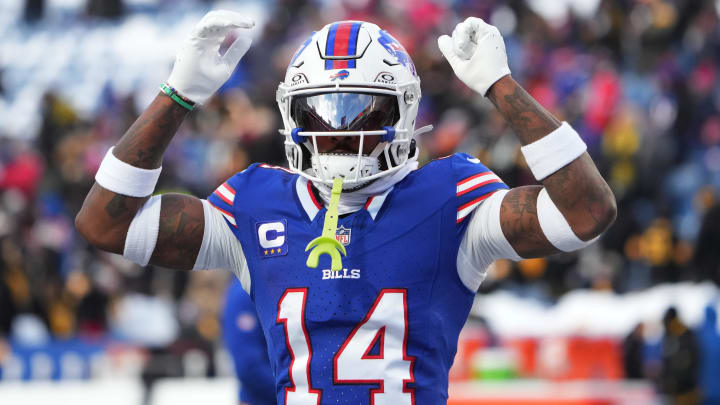 Jan 15, 2024; Orchard Park, New York, USA; Buffalo Bills wide receiver Stefon Diggs (14) warms up before the game against the Pittsburgh Steelers  in a 2024 AFC wild card game at Highmark Stadium. Mandatory Credit: Kirby Lee-USA TODAY Sports