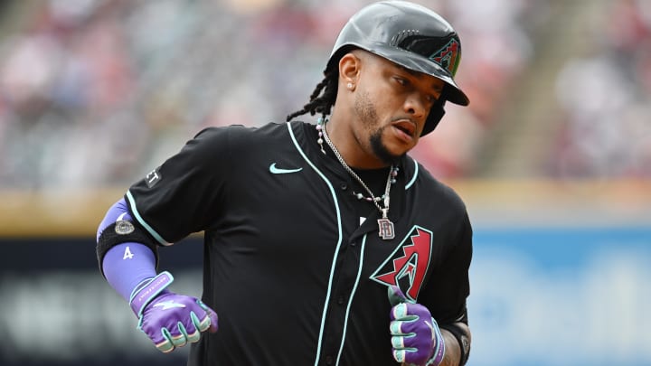 Aug 7, 2024; Cleveland, Ohio, USA; Arizona Diamondbacks second baseman Ketel Marte (4) rounds the bases after hitting a home run during the ninth inning against the Cleveland Guardians at Progressive Field. Mandatory Credit: Ken Blaze-USA TODAY Sports