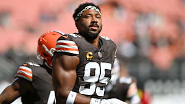 Sep 7, 2025; Cleveland, Ohio, USA; Cleveland Browns defensive end Myles Garrett (95) warms up before the game against the Cincinnati Bengals at Huntington Bank Field. Mandatory Credit: Ken Blaze-Imagn Images