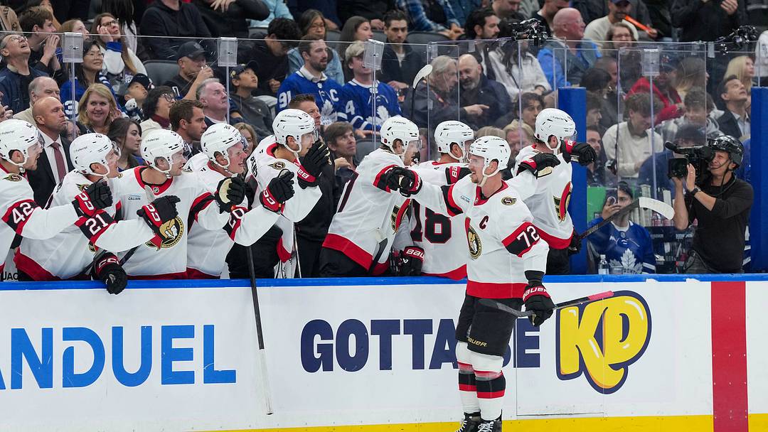 Oct 3, 2026; Toronto, Ontario, CAN;  Ottawa Senators defenseman Thomas Chabot (72) celebrates at the bench after scoring a goal against the Toronto Maple Leafs during the first period at Scotiabank Arena.  Mandatory Credit: Nick Turchiaro-Imagn Images