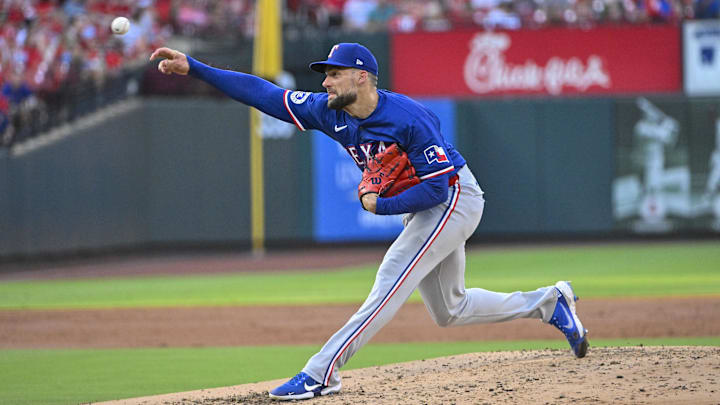 Jul 29, 2024; St. Louis, Missouri, USA;  Texas Rangers starting pitcher Nathan Eovaldi (17) pitches against the St. Louis Cardinals during the second inning at Busch Stadium. 