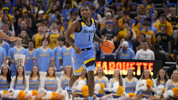 Nov 19, 2024; Milwaukee, Wisconsin, USA;  Marquette Golden Eagles guard Kam Jones (1) during the game against the Purdue Boilermakers at Fiserv Forum. Mandatory Credit: Jeff Hanisch-Imagn Images