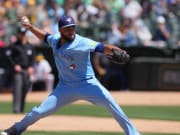 Jun 9, 2024; Oakland, California, USA; Toronto Blue Jays relief pitcher Yimi García (93) throws a pitch against the Oakland Athletics during the ninth inning at Oakland-Alameda County Coliseum.