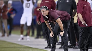 Sep 28, 2024; Dallas, Texas, USA; Florida State Seminoles head coach Mike Norvell looks on during the second quarter against the Southern Methodist Mustangs at Gerald J. Ford Stadium. Mandatory Credit: Jerome Miron-Imagn Images