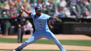 Jun 9, 2024; Oakland, California, USA; Toronto Blue Jays relief pitcher Yimi García (93) throws a pitch against the Oakland Athletics during the ninth inning at Oakland-Alameda County Coliseum.