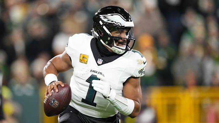 Nov 10, 2025; Green Bay, Wisconsin, USA;  Philadelphia Eagles quarterback Jalen Hurts (1) during the game against the Green Bay Packers at Lambeau Field. Mandatory Credit: Jeff Hanisch-Imagn Images
