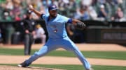 Toronto Blue Jays relief pitcher Yimi Garcia throws a pitch against the Oakland Athletics at Oakland-Alameda County Coliseum.