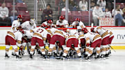 Feb 28, 2025; Chestnut Hill, MA, USA; The Boston College Eagles huddle around goaltender Jacob Fowler (1) in the net before a game against the University of New Hampshire Wildcats at Conte Forum. Mandatory Credit: Eric Canha-Imagn Images