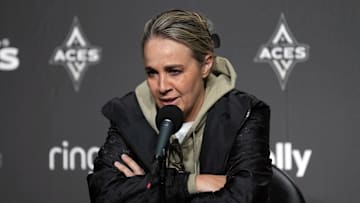 Jun 7, 2025; San Francisco, California, USA; Las Vegas Aces head coach Becky Hammon talks to media members before the game against the Golden State Valkyries at Chase Center. Mandatory Credit: Darren Yamashita-Imagn Images