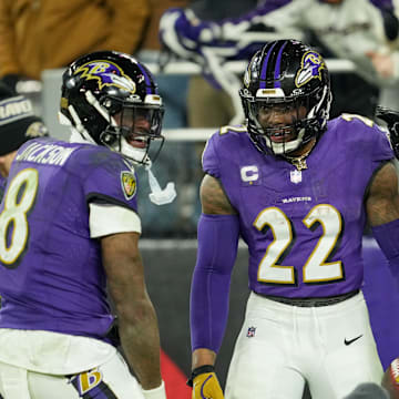 Lamar Jackson, Derrick Henry and Nelson Agholor during the Ravens' 28–14 win over the Steelers on Jan. 11, 2025.