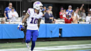 Oct 26, 2025; Charlotte, North Carolina, USA; Buffalo Bills wide receiver Khalil Shakir (10) reacts after a touchdown on a 54-yard reception during the second half against the Carolina Panthersat Bank of America Stadium. Mandatory Credit: Bob Donnan-Imagn Images