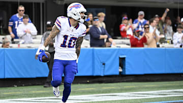 Oct 26, 2025; Charlotte, North Carolina, USA; Buffalo Bills wide receiver Khalil Shakir (10) reacts after a touchdown on a 54-yard reception during the second half against the Carolina Panthersat Bank of America Stadium. Mandatory Credit: Bob Donnan-Imagn Images