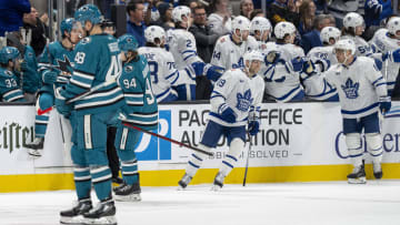 Jan 6, 2024; San Jose, California, USA; Toronto Maple Leafs center Calle Jarnkrok (19) and teammates