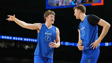 Apr 4, 2025; San Antonio, TX, USA; Duke Blue Devils guard Kon Knueppel (7) and guard Cooper Flagg (2) during a practice session for the Final Four of the 2025 NCAA tournament at Alamodome.