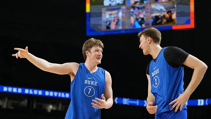 Apr 4, 2025; San Antonio, TX, USA; Duke Blue Devils guard Kon Knueppel (7) and guard Cooper Flagg (2) during a practice session for the Final Four of the 2025 NCAA tournament at Alamodome.