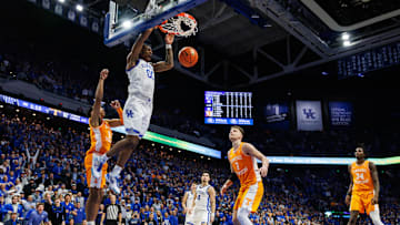 Feb 11, 2025; Lexington, Kentucky, USA; Kentucky Wildcats guard Otega Oweh (00) dunks the ball during the second half against the Tennessee Volunteers at Rupp Arena at Central Bank Center. Mandatory Credit: Jordan Prather-Imagn Images