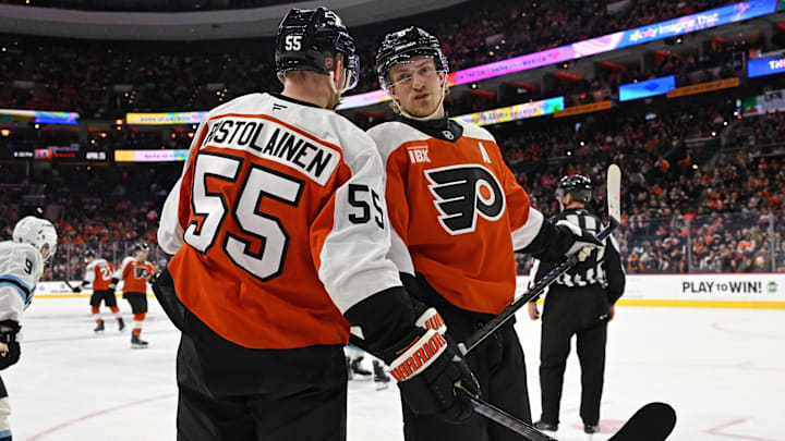 Mar 5, 2026; Philadelphia, Pennsylvania, USA; Philadelphia Flyers defenseman Rasmus Ristolainen (55) and defenseman Travis Sanheim (6) against the Utah Mammoth during the second period at Xfinity Mobile Arena. 