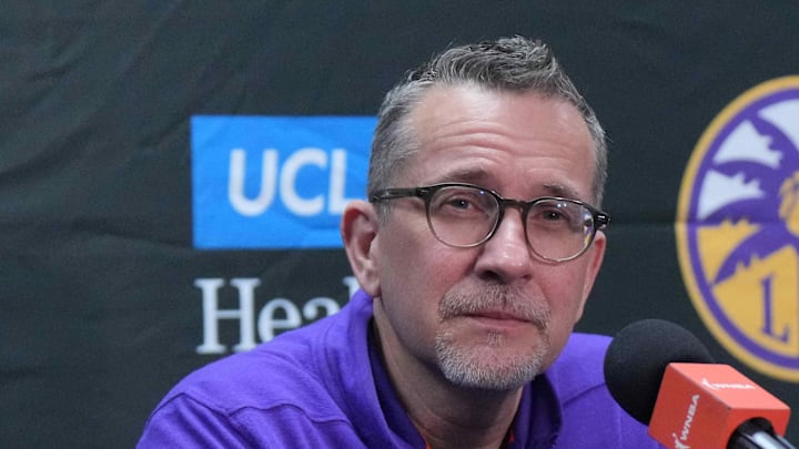 LA Sparks coach Curt Miller during a press conference at the Crypto.com Arena.
