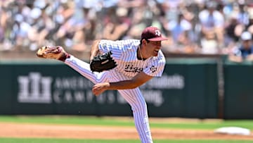 Jun 8, 2024; College Station, TX, USA; Texas A&M pitcher Ryan Prager (18) delivers a pitch during the first inning against the Oregon at Olsen Field, Blue Bell Park Mandatory Credit: Maria Lysaker-Imagn Images