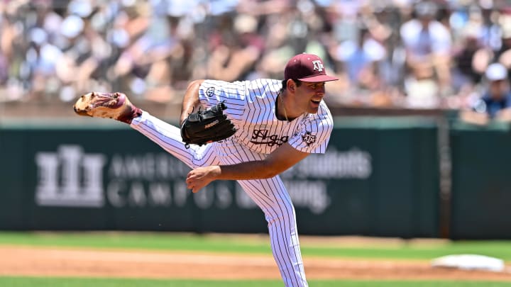 Jun 8, 2024; College Station, TX, USA; Texas A&M pitcher Ryan Prager (18) delivers a pitch during the first inning against the Oregon at Olsen Field, Blue Bell Park Mandatory Credit: Maria Lysaker-USA TODAY Sports