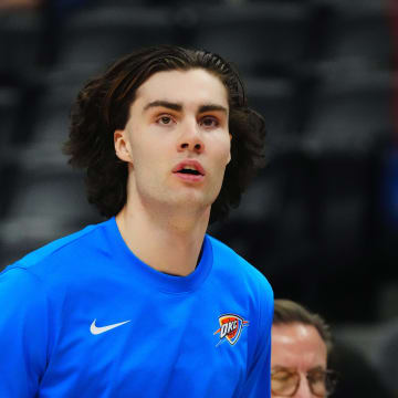 Dec 16, 2023; Denver, Colorado, USA; Oklahoma City Thunder guard Josh Giddey (3) warms up before a game against the Denver Nuggets at Ball Arena. Mandatory Credit: Ron Chenoy-Imagn Images