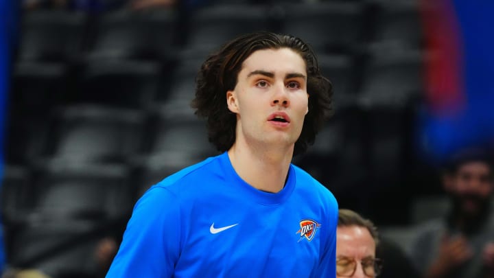 Dec 16, 2023; Denver, Colorado, USA; Oklahoma City Thunder guard Josh Giddey (3) warms up before a game against the Denver Nuggets at Ball Arena. Mandatory Credit: Ron Chenoy-Imagn Images