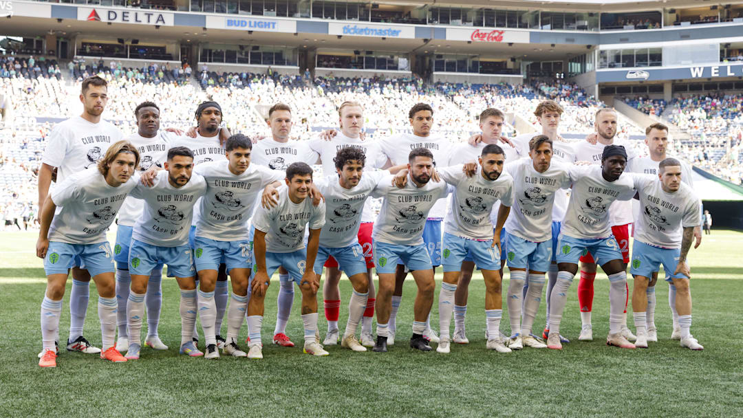 Jun 1, 2025; Seattle, Washington, USA; Seattle Sounders FC players pose for a photo while wearing t-shirts to protest FIFA Club World Cup bonus sharing from MLS before a game against the Minnesota United at Lumen Field. Mandatory Credit: Joe Nicholson-Imagn Images