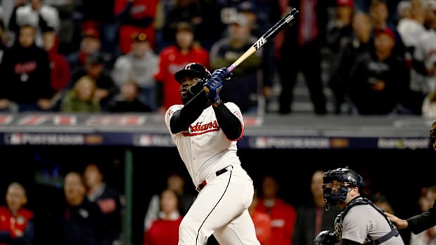 Cleveland Guardians outfielder Jhonkensy Noel (43) hits a two-run home run during the ninth inning of Game 3 of the ALCS.