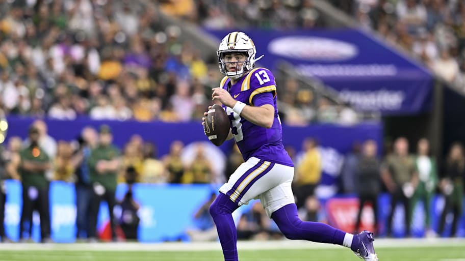 LSU Tigers quarterback Garrett Nussmeier runs the ball against the Baylor Bears.