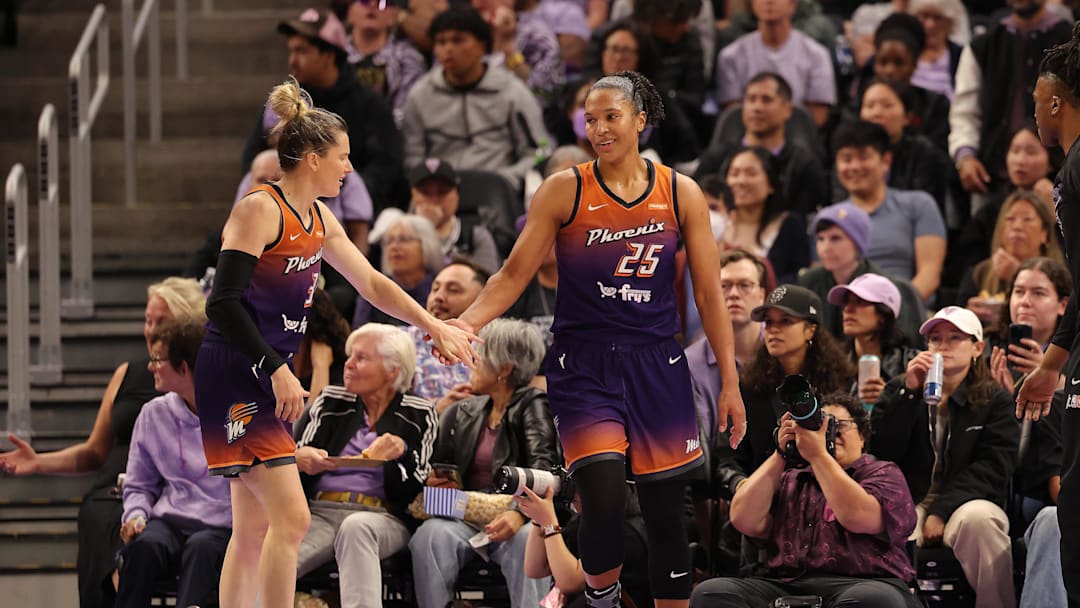 Jul 14, 2025; San Francisco, California, USA; Phoenix Mercury guard Sami Whitcomb (33) and forward Alyssa Thomas (25) high five between plays against the Golden State Valkyries during the third quarter at Chase Center. Mandatory Credit: Kelley L Cox-Imagn Images