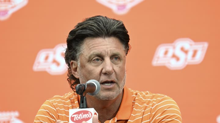 Jul 9, 2024; Las Vegas, NV, USA; Oklahoma State Cowboys head coach Mike Gundy speaks to the media during the Big 12 Media Days at Allegiant Stadium. Mandatory Credit: Candice Ward-USA TODAY Sports