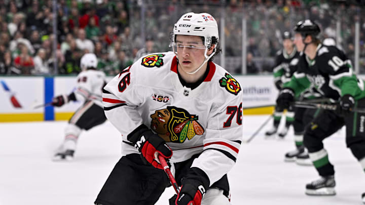 Mar 8, 2026; Dallas, Texas, USA; Chicago Blackhawks left wing Nick Lardis (76) skates against the Dallas Stars during the game between the Stars and the Blackhawks at American Airlines Center. Mandatory Credit: Jerome Miron-Imagn Images