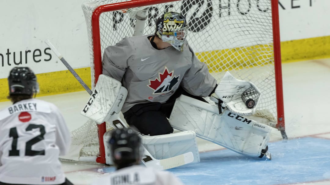 Aug 2, 2024; Plymouth, MI, USA; Canada's goaltender Joshua Ravensbergen (1) makes a glove save against Finland during the first period of the 2024 World Junior Summer Showcase at USA Hockey Arena.