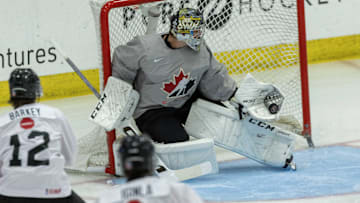 Aug 2, 2024; Plymouth, MI, USA; Canada's goaltender Joshua Ravensbergen (1) makes a glove save against Finland during the first period of the 2024 World Junior Summer Showcase at USA Hockey Arena. Mandatory Credit: David Reginek-Imagn Images