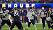 Nov 16, 2025; Inglewood, California, USA; Seattle Seahawks quarterback Sam Darnold (14) throws a pass during the second half against the Los Angeles Rams at SoFi Stadium. Mandatory Credit: Jayne Kamin-Oncea-Imagn Images