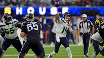Nov 16, 2025; Inglewood, California, USA; Seattle Seahawks quarterback Sam Darnold (14) throws a pass during the second half against the Los Angeles Rams at SoFi Stadium. Mandatory Credit: Jayne Kamin-Oncea-Imagn Images