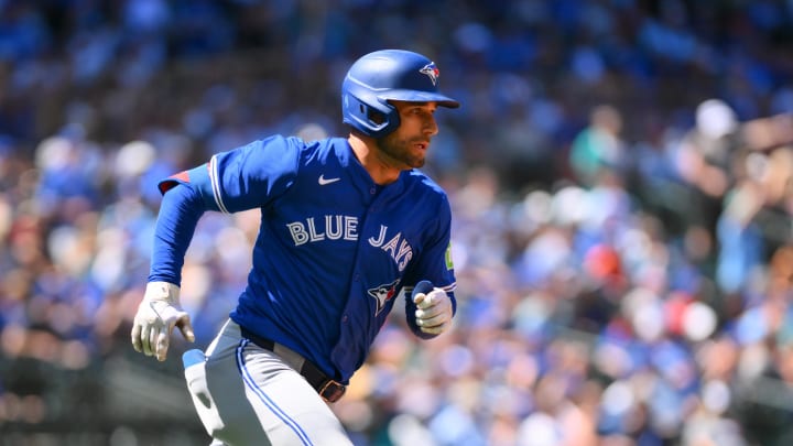 Jul 6, 2024; Seattle, Washington, USA; Toronto Blue Jays center fielder Kevin Kiermaier (39) runs the bases after hitting a double against the Seattle Mariners during the eighth inning at T-Mobile Park. Mandatory Credit: Steven Bisig-USA TODAY Sports