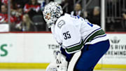 Mar 24, 2025; Newark, New Jersey, USA; Vancouver Canucks goaltender Thatcher Demko (35) tends net during the second period against the New Jersey Devils at Prudential Center. Mandatory Credit: John Jones-Imagn Images