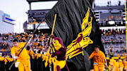 Aug 30, 2025; Tempe, Arizona, USA; Sparky the Sun Devil takes the field pregame between Arizona State Sun Devils and Northern Arizona Lumberjacks at Mountain America Stadium. Mandatory Credit: Arianna Grainey-Imagn Images