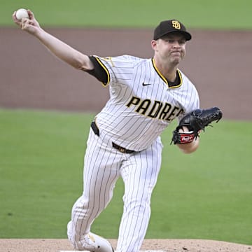 Sep 27, 2025; San Diego, California, USA; San Diego Padres starting pitcher Michael King (34) delivers during the first inning against the Arizona Diamondbacks at Petco Park. Mandatory Credit: Denis Poroy-Imagn Images