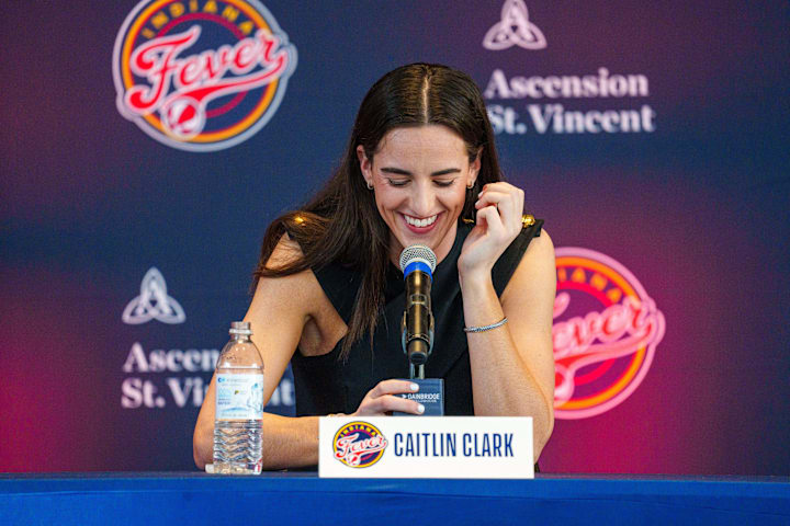 Indiana Fever's Caitlin Clark speak during an introductory press conference inside of Gainbridge Fieldhous