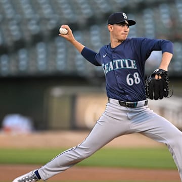 Seattle Mariners starting pitcher George Kirby (68) throws against the Oakland Athletics in the first inning at Oakland-Alameda County Coliseum on Sept 4.