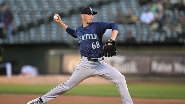 Seattle Mariners starting pitcher George Kirby (68) throws against the Oakland Athletics in the first inning at Oakland-Alameda County Coliseum on Sept 4.