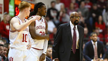 Jan 14, 2025; Bloomington, Indiana, USA; Indiana Hoosiers head coach Mike Woodson instructs his team as Indiana Hoosiers forward Luke Goode (10) and Indiana Hoosiers forward Mackenzie Mgbako (21) check in to the game during the second half against the Illinois Fighting Illini at Simon Skjodt Assembly Hall. Mandatory Credit: Robert Goddin-Imagn Images