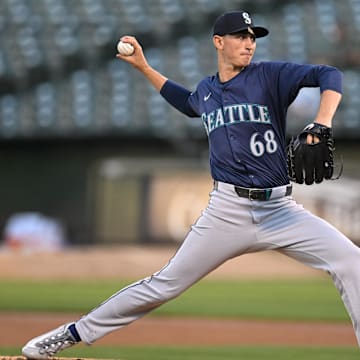 Seattle Mariners starting pitcher George Kirby throws against the Oakland Athletics during a game Wednesday at Oakland Coliseum.